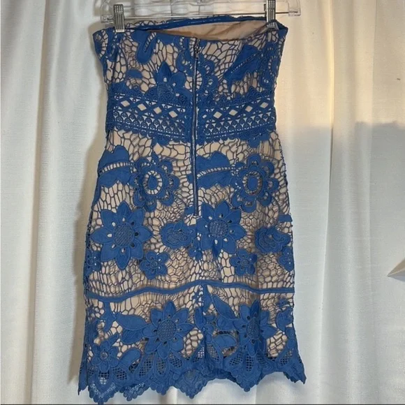 NWOT - Endless Rose - Blue & Nude Lace Strapless Mini Dress - Picture 5 of 9